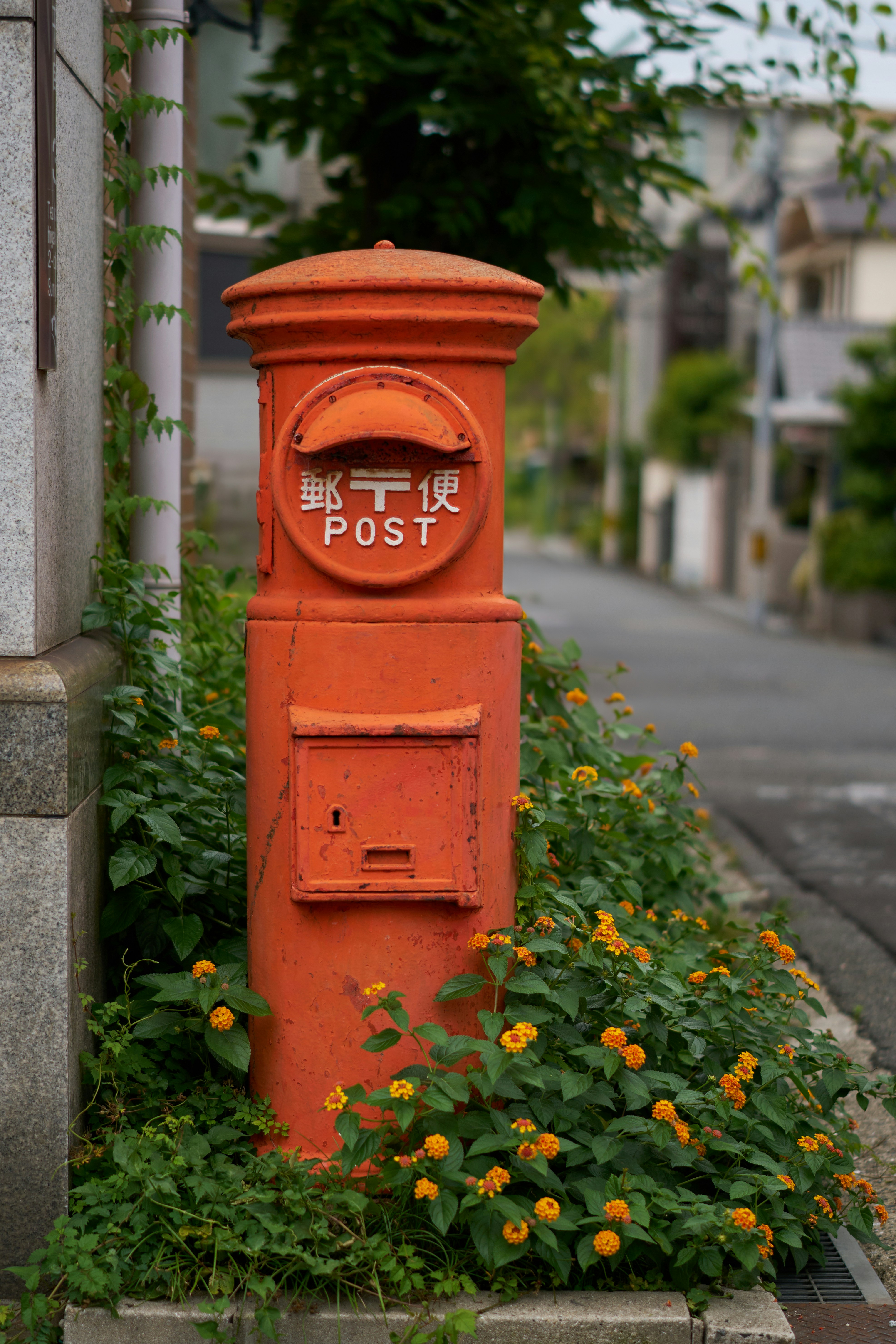 An orange post box sitting on the side of a road