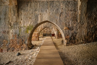A stone tunnel with a wooden walkway leading to it