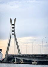 A very tall bridge over a large body of water