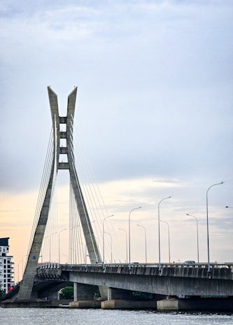 A very tall bridge over a large body of water