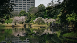 A large building sitting next to a body of water