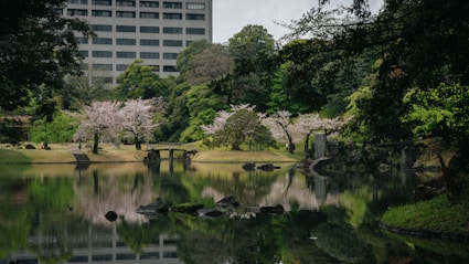A large building sitting next to a body of water