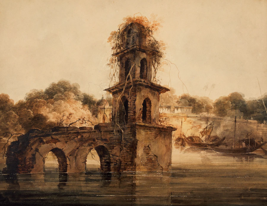 Indian River Scene with Ruined Temple, watercolour by George Chinnery, c. 1802–1825