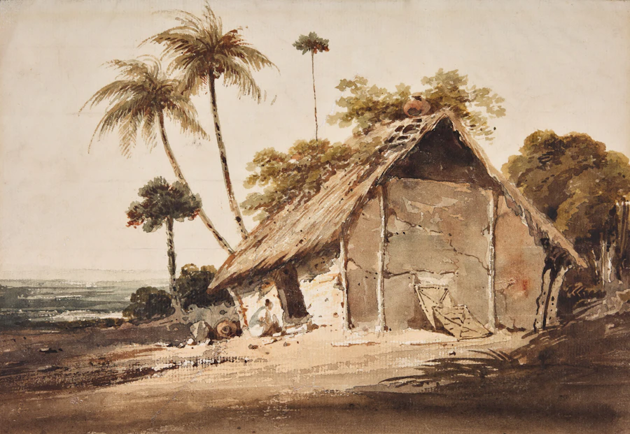 Chinese Coastal Hut with Kneeling Figure, watercolour by George Chinnery, c. 1825–1845