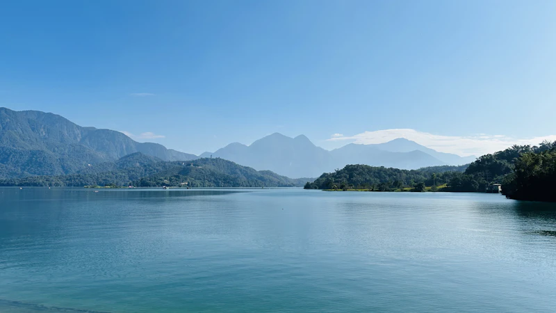Sun Moon Lake panoramic view with mountains in the background