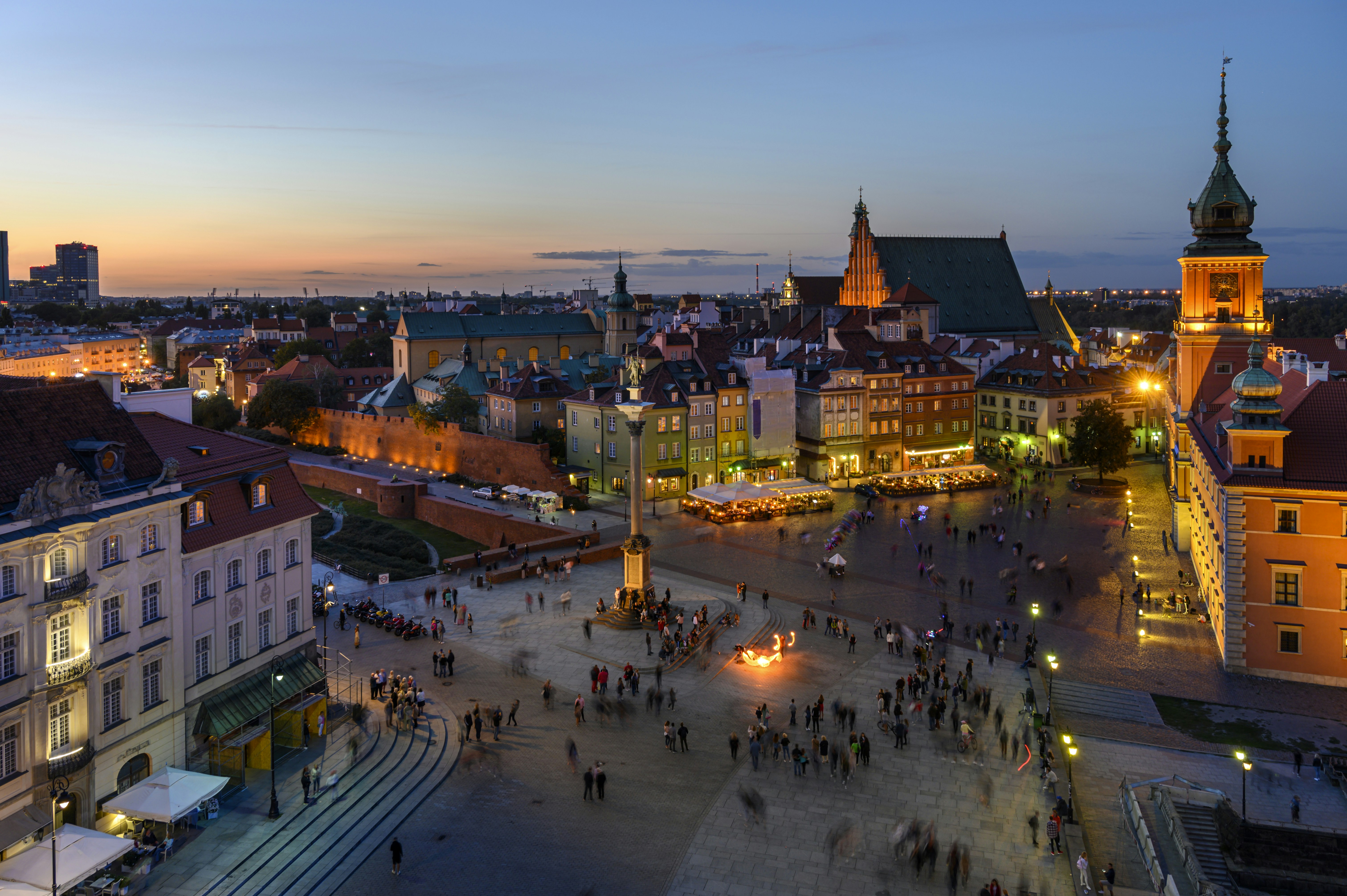 An aerial view of a city at night