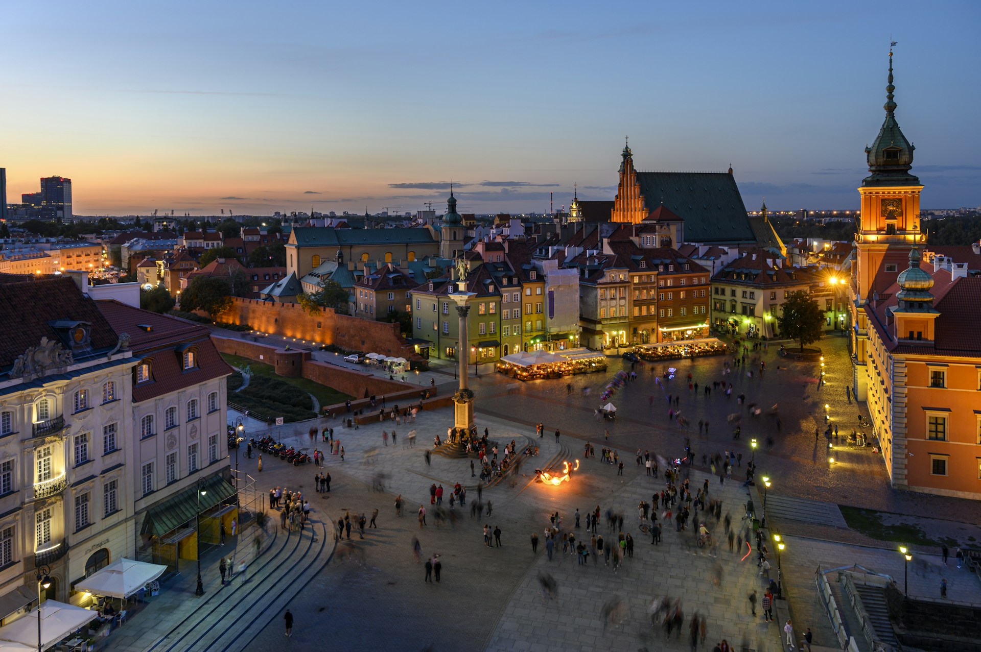 An aerial view of a city at night