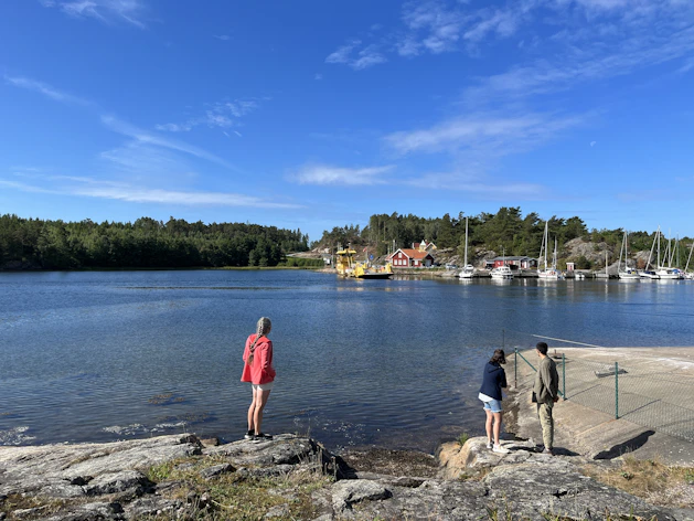 A couple of people standing on top of a rocky shore