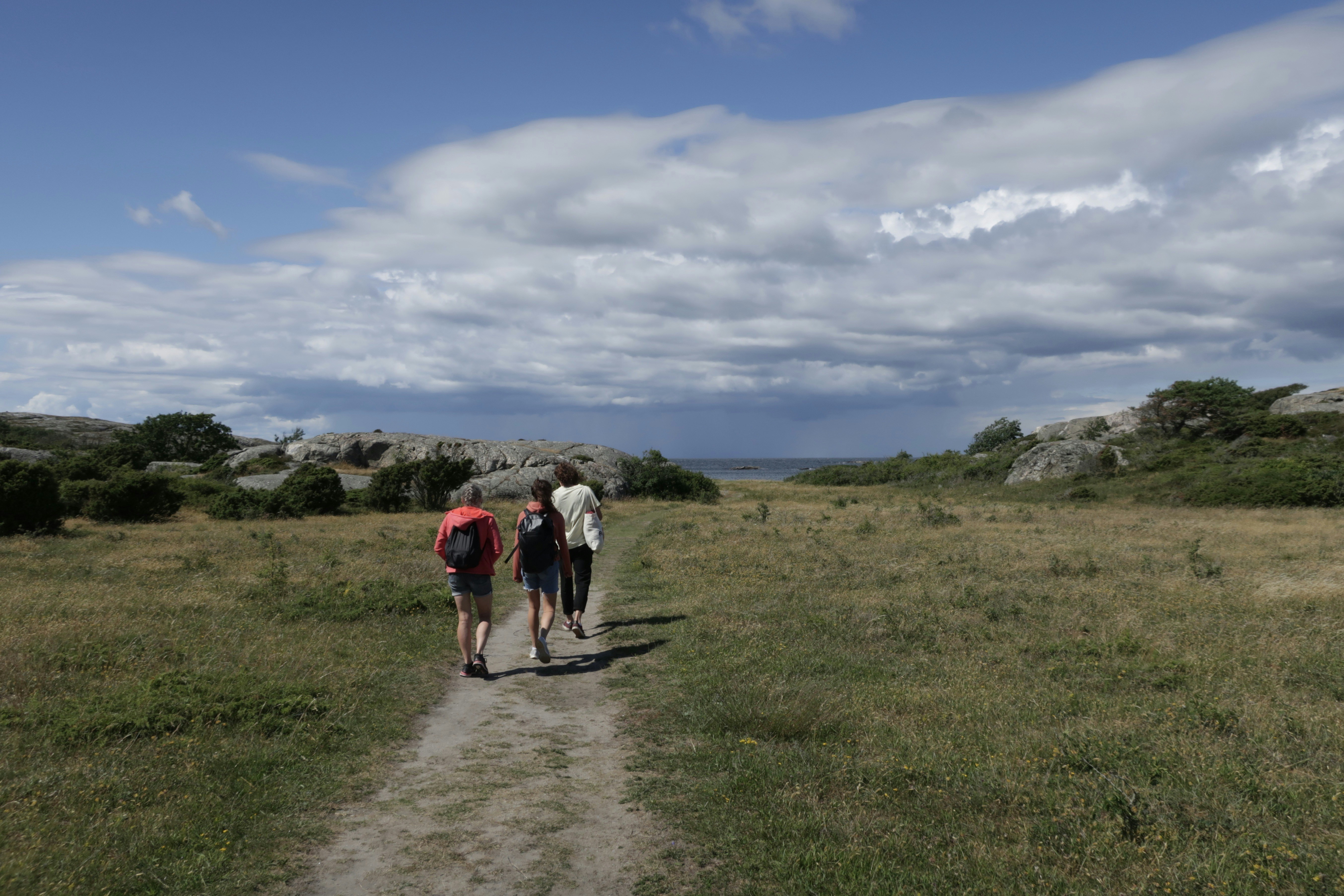 Ein paar Leute gehen einen Feldweg hinunter