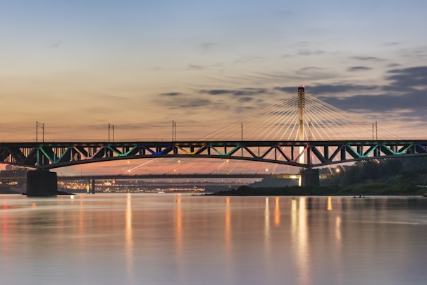 A bridge over a body of water at sunset