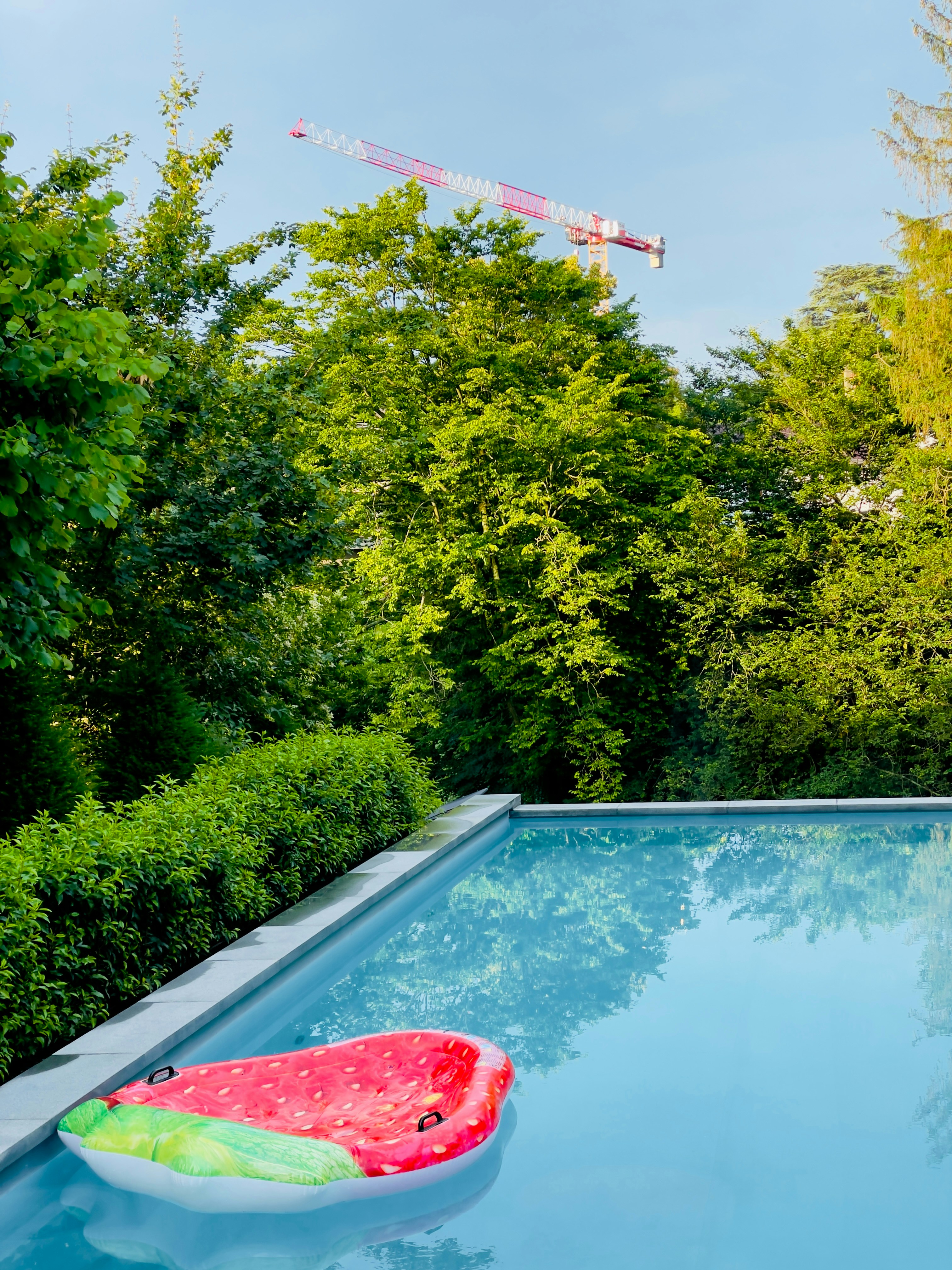 A pool with a watermelon in the middle of it