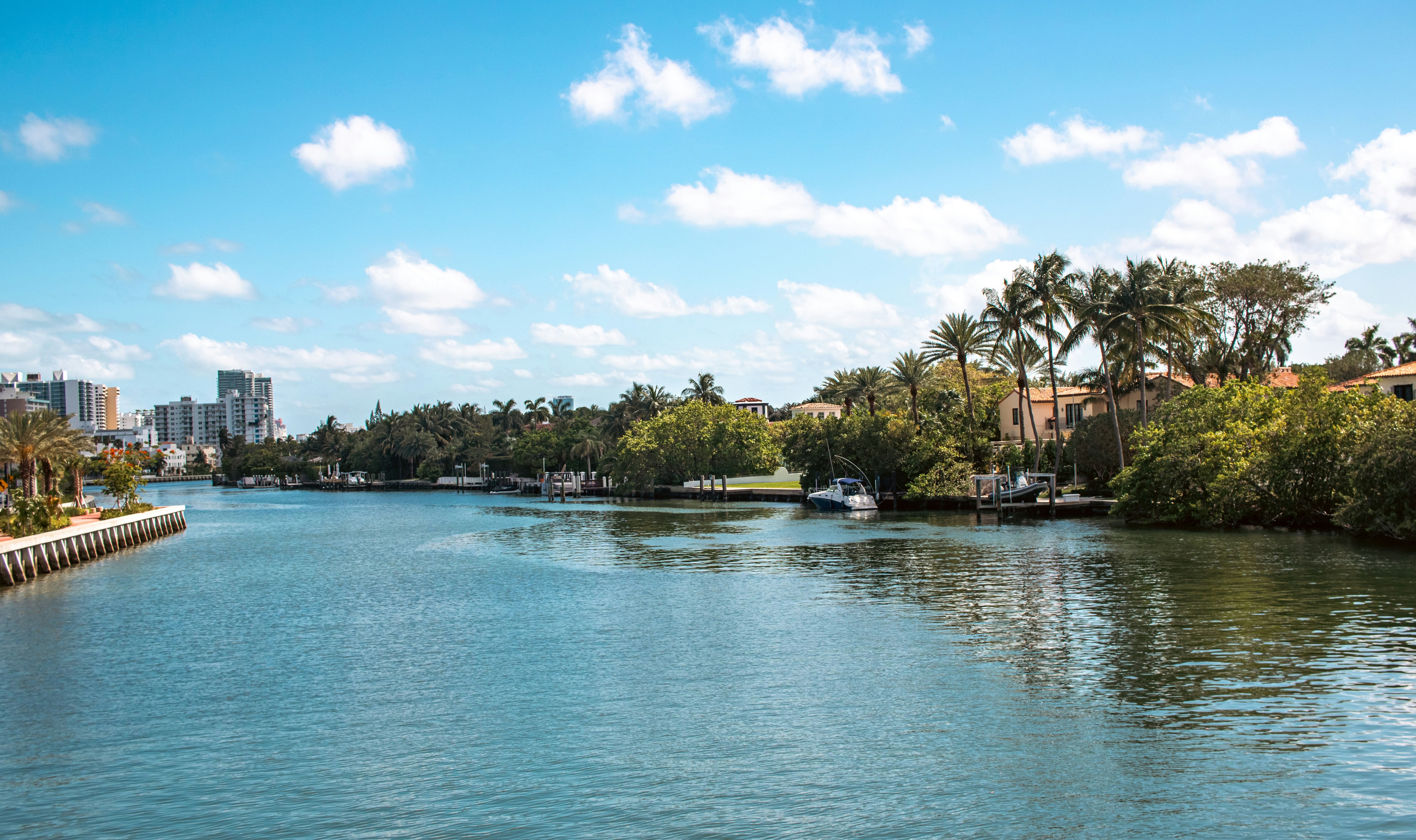 A body of water surrounded by trees and buildings