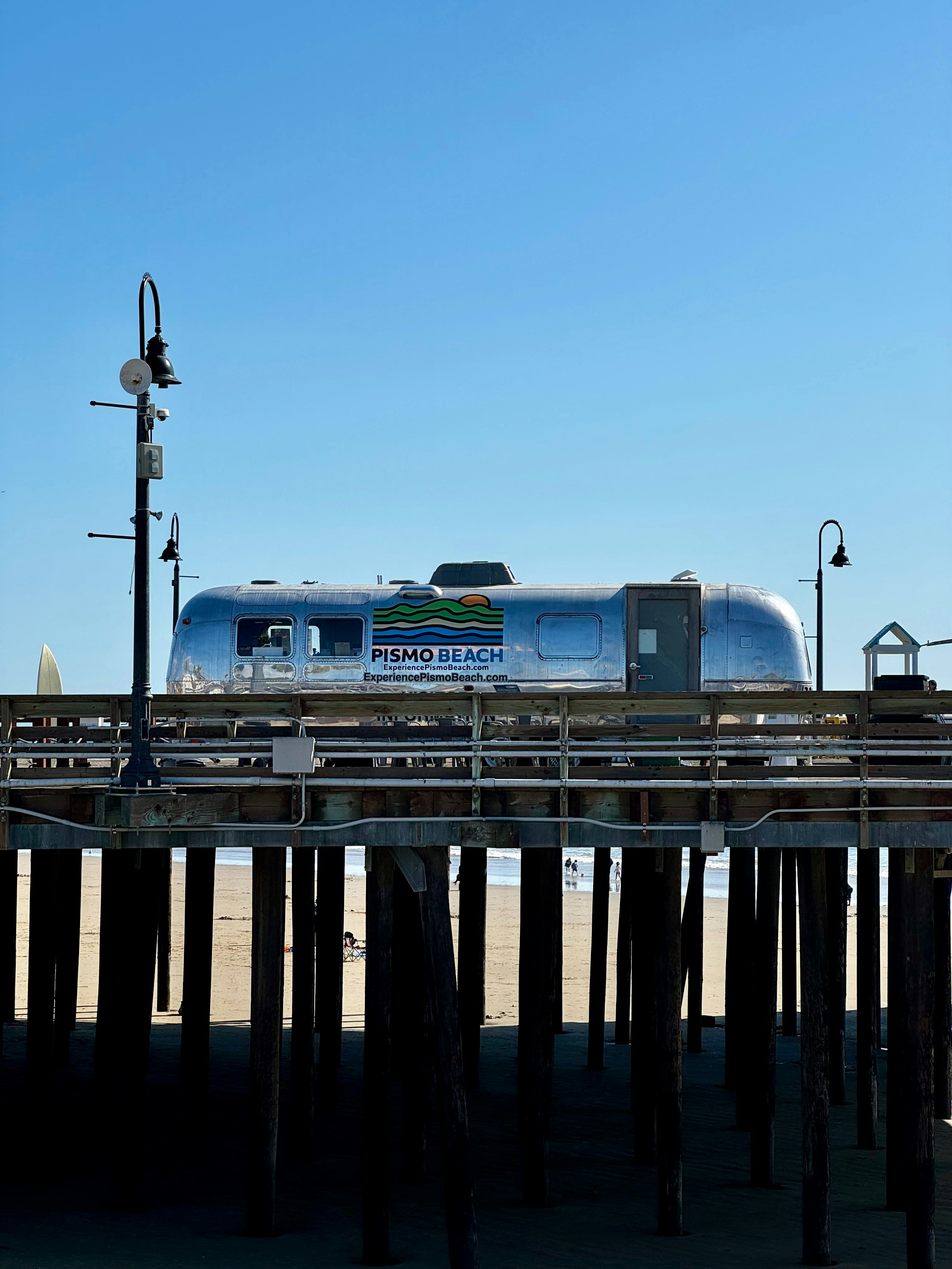 A train on a train track next to a pier