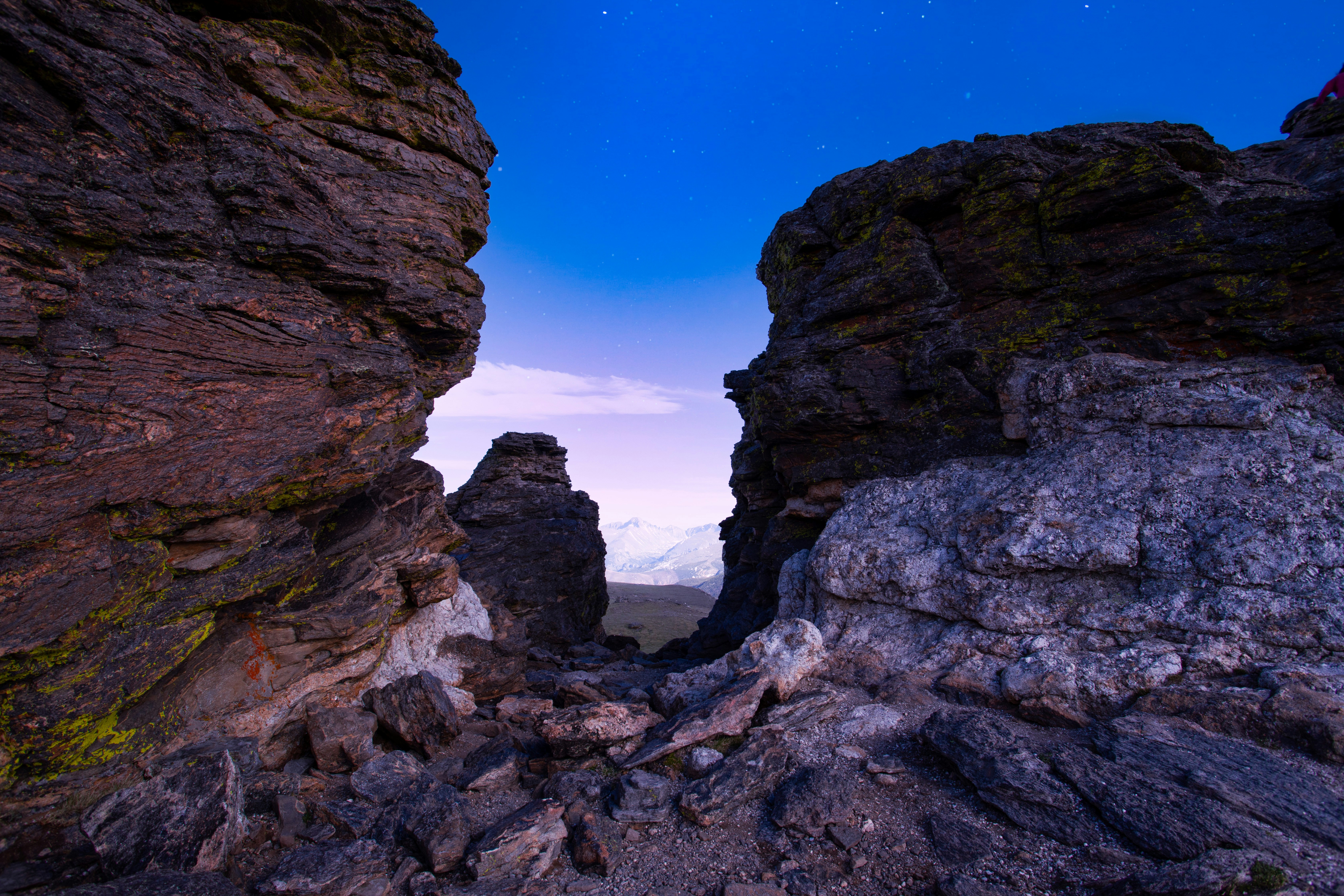 A view of a rocky outcropping at night