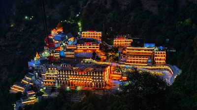 An aerial view of a city lit up at night
