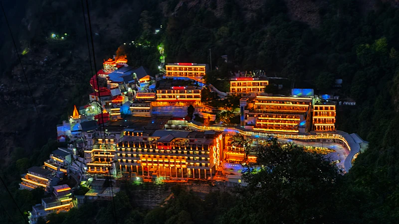 Vaishno Devi Bhawan lit up at night in the Trikuta mountains, Jammu