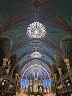 A large cathedral with a massive stained glass window