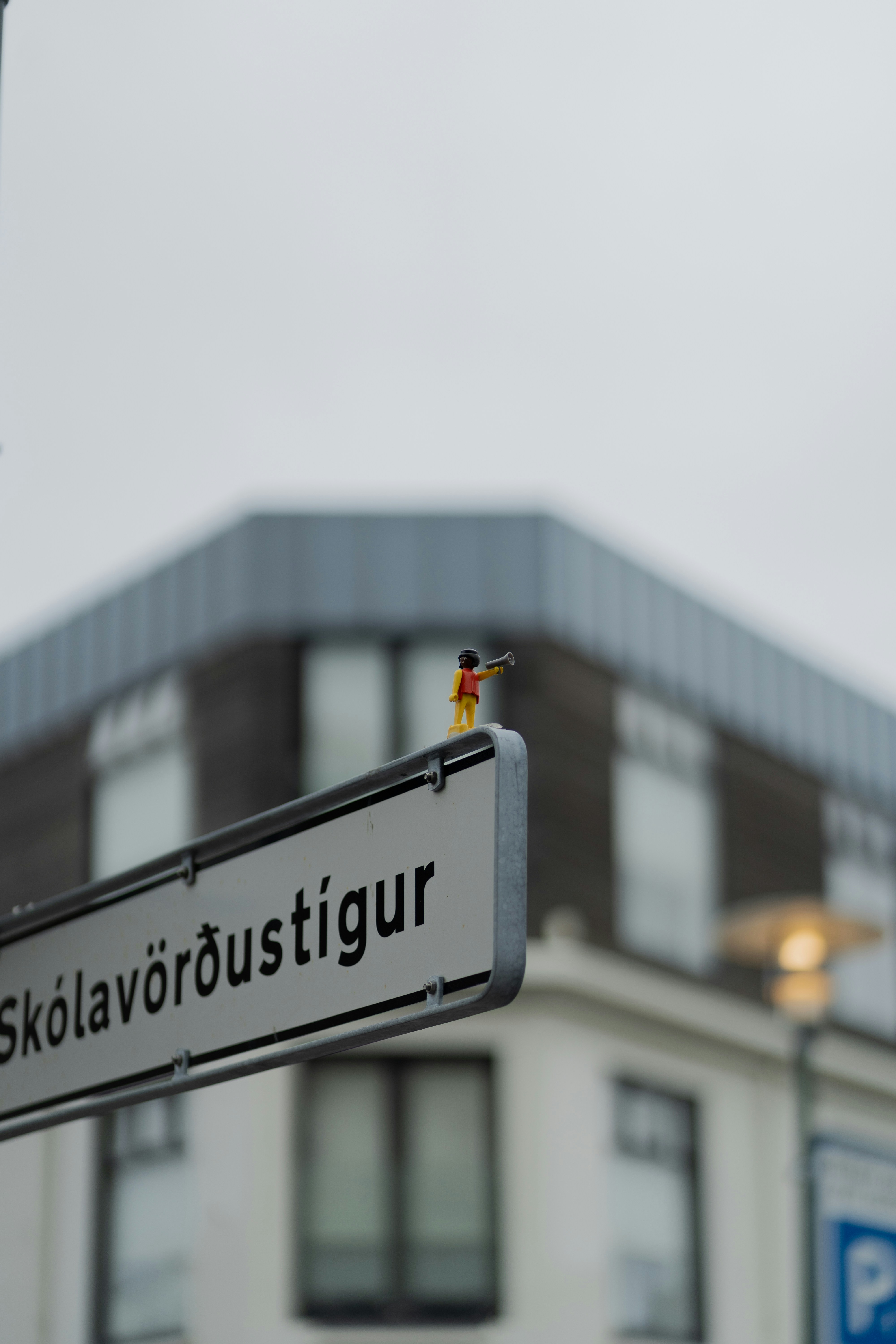 A street sign on a pole in front of a building