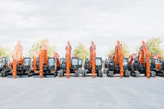 A large number of tractors are lined up in a row