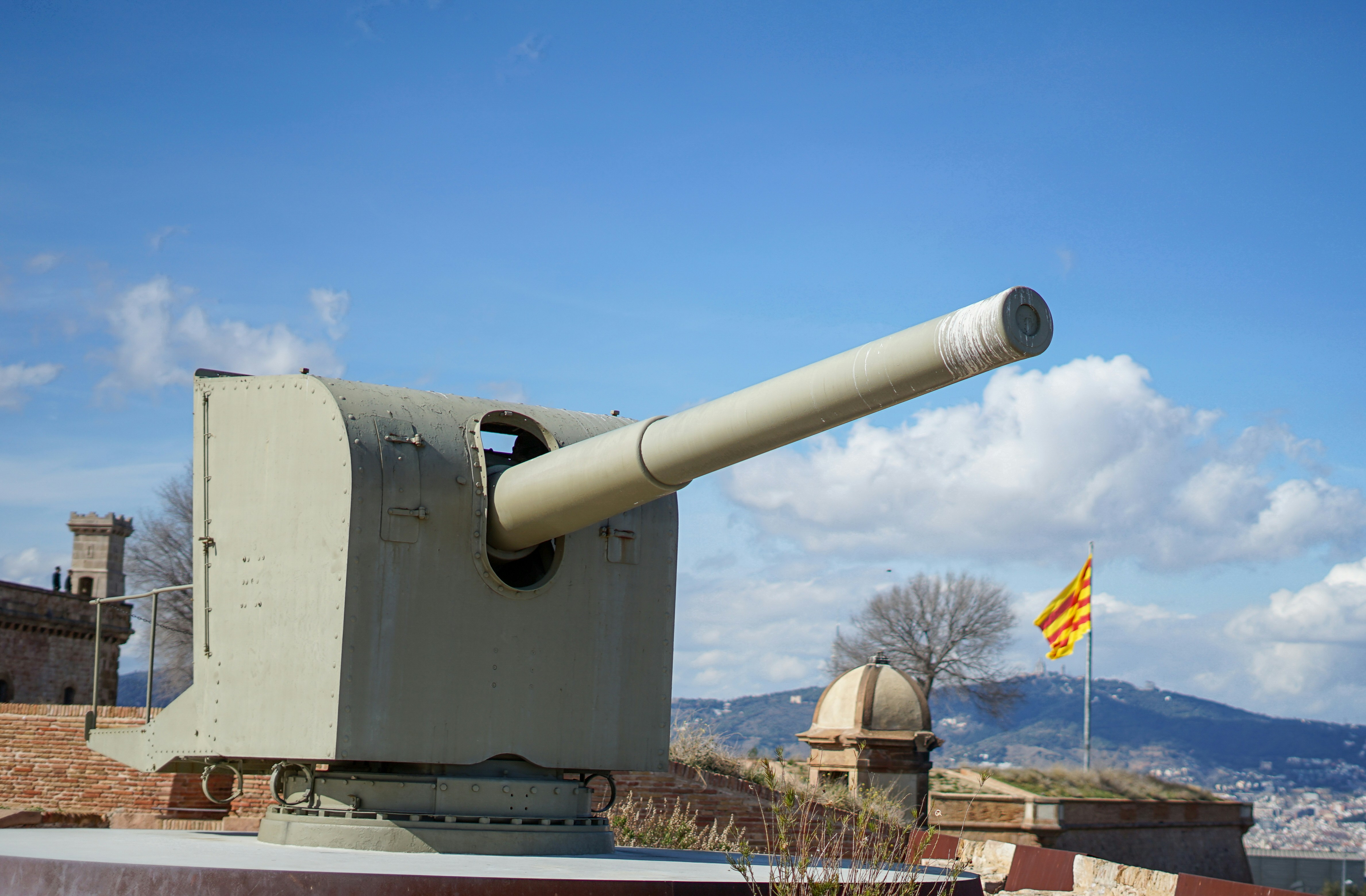 A cannon on top of a building with mountains in the background