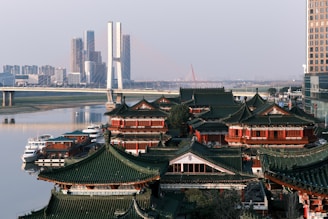 A large body of water surrounded by tall buildings