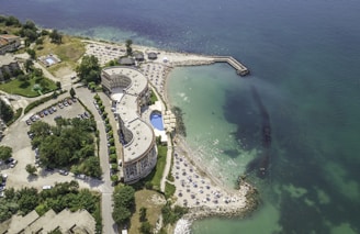 An aerial view of a beach and a body of water
