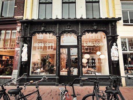 A couple of bikes parked in front of a store