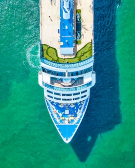 An aerial view of a cruise ship in the ocean