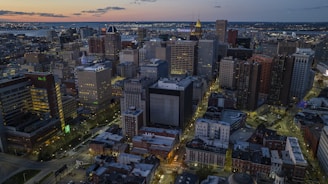 An aerial view of a city at night
