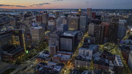 An aerial view of a city at night