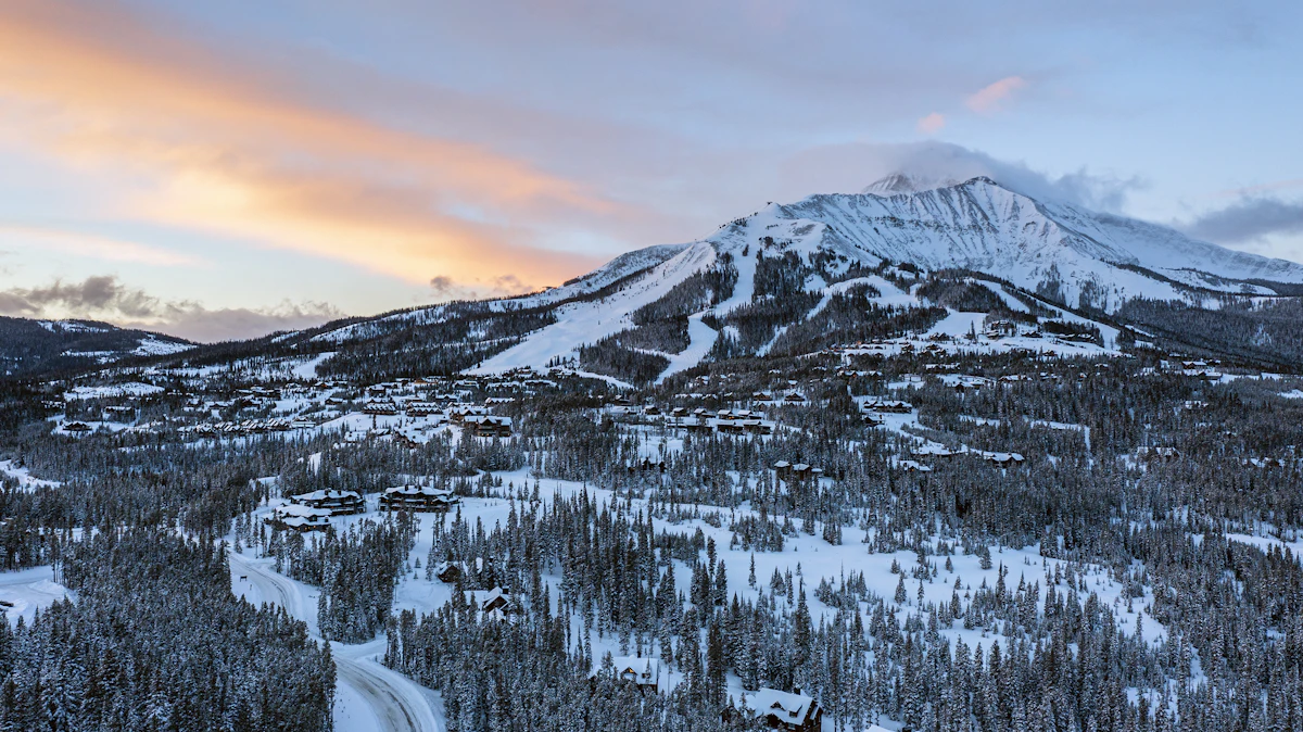 Snow-covered Lone Peak at sunset above Big Sky, Montana