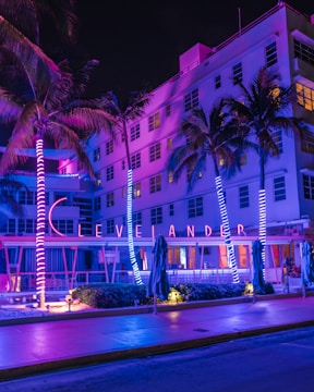 A large building with palm trees in front of it