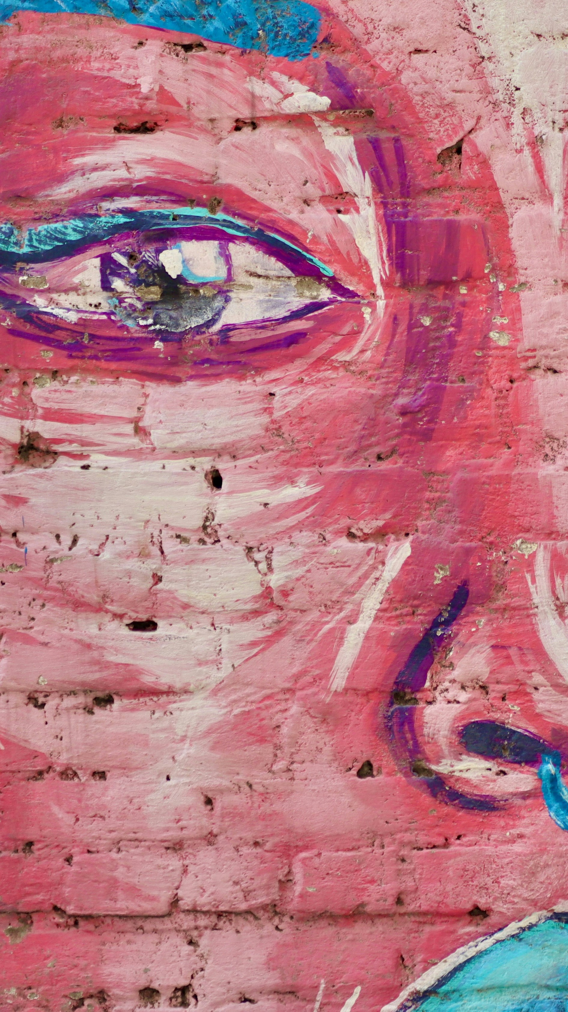 A painting of a woman's face on a brick wall