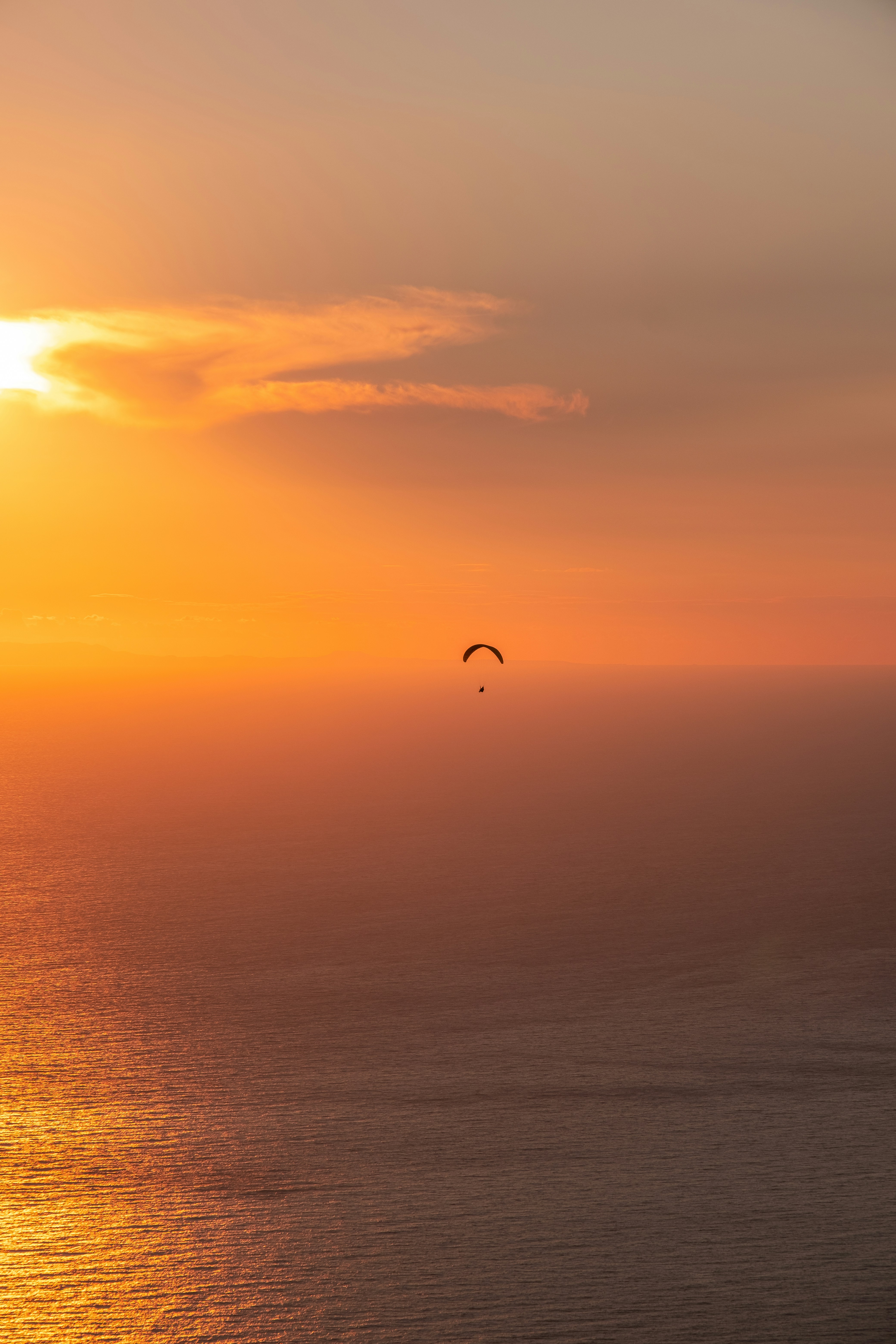 A bird flying over the ocean at sunset