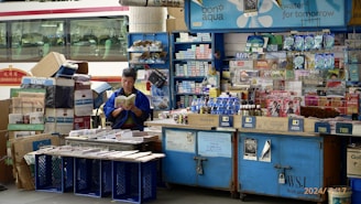 A man standing in front of a store filled with items