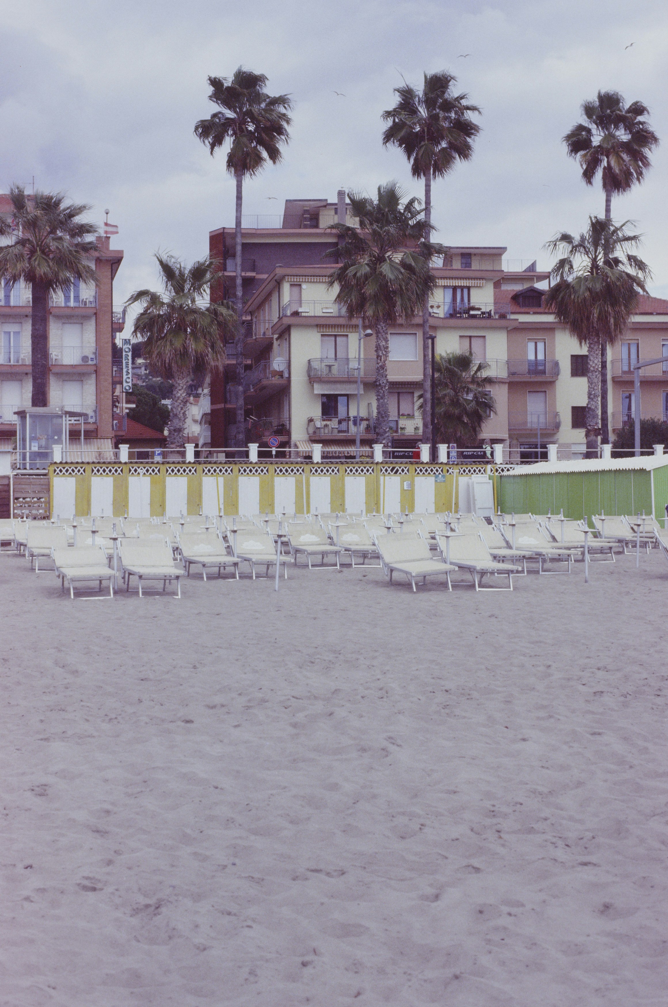 A row of lawn chairs sitting on top of a sandy beach