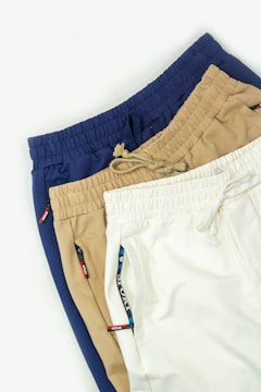 Three men's shorts are lined up against a white background