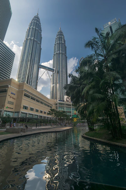 A large body of water in front of tall buildings