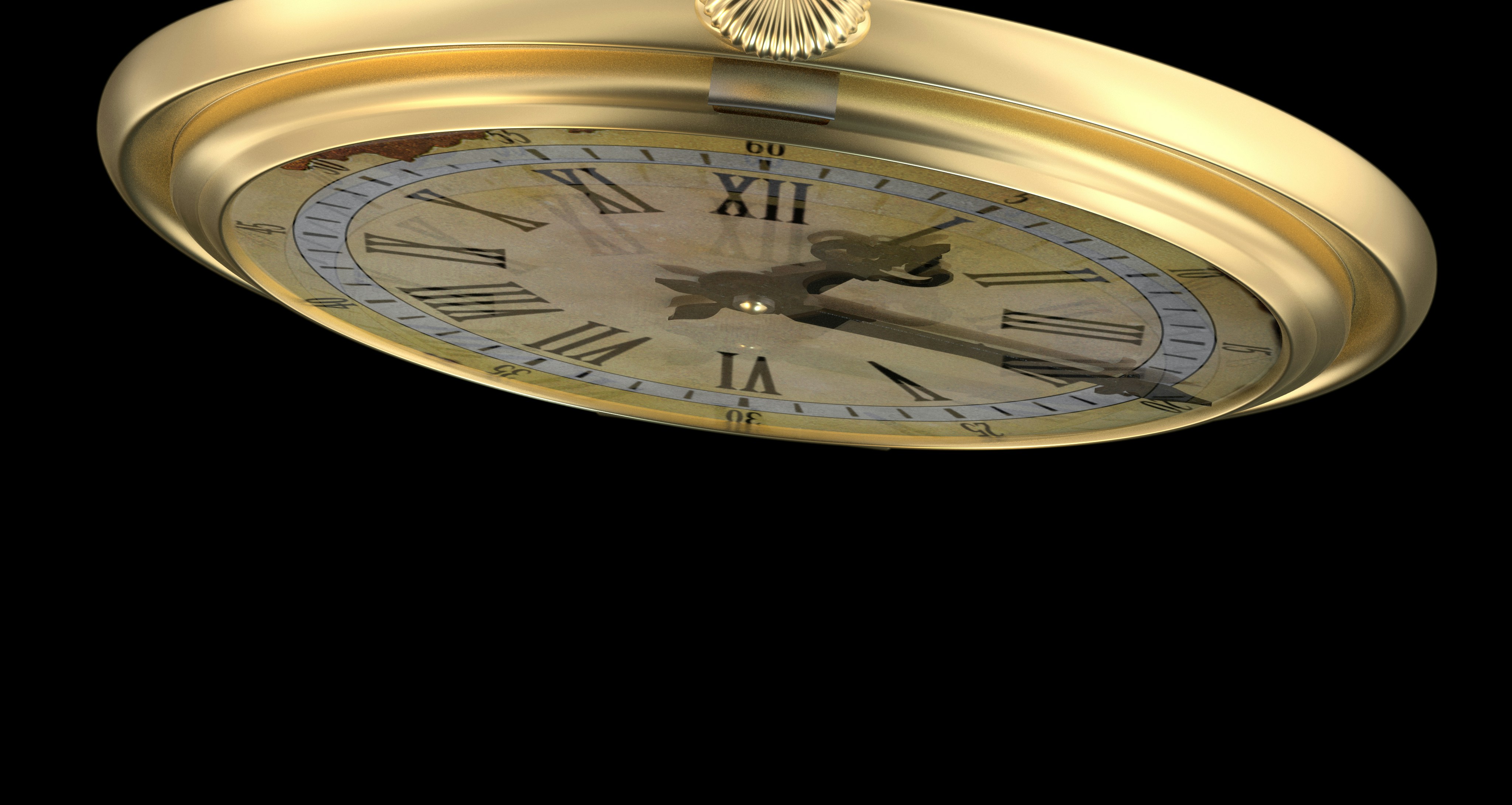 A gold clock with roman numerals on a black background