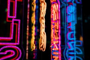 Neon signs are lit up in the dark