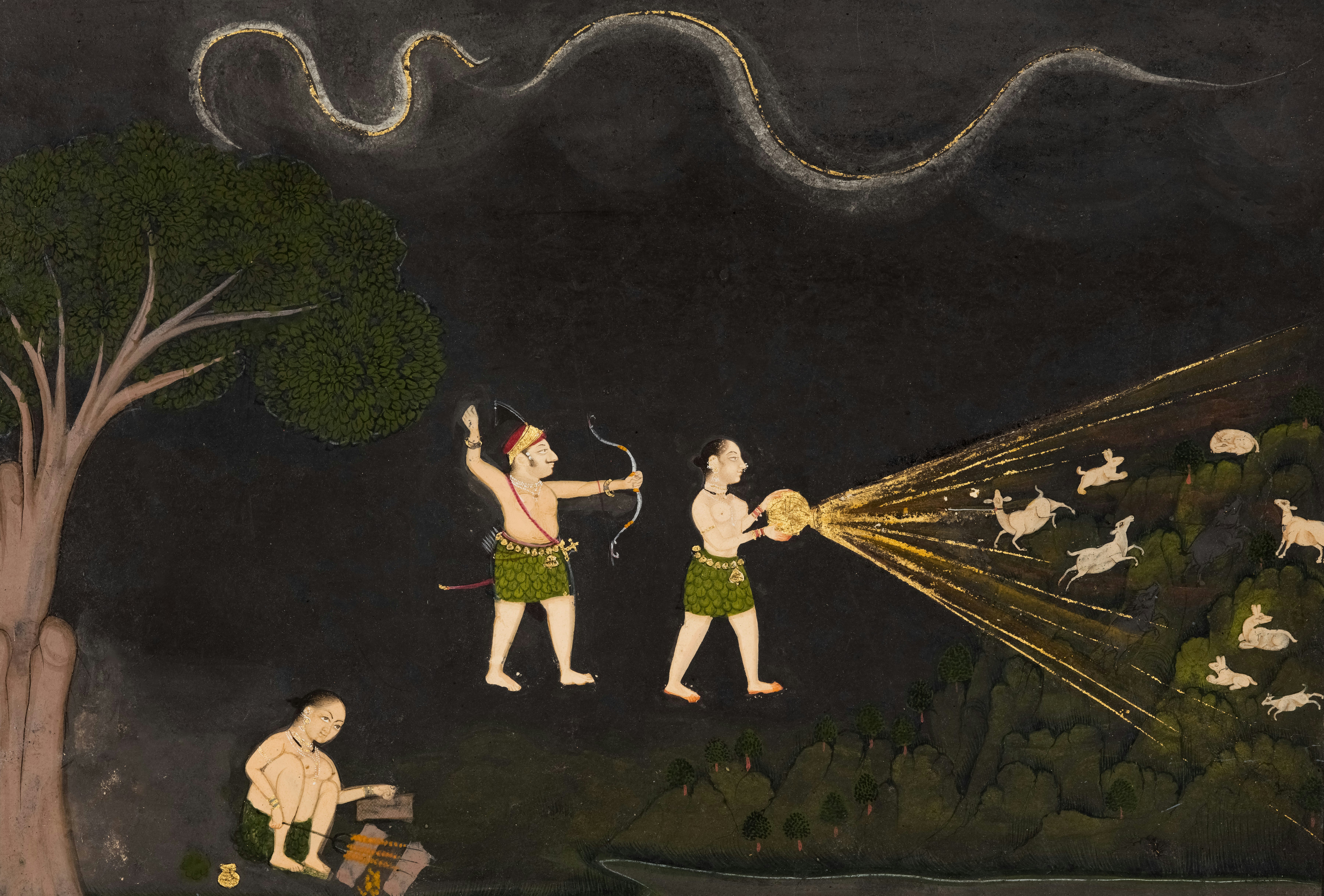 Two men hunt animals with bow and fire.