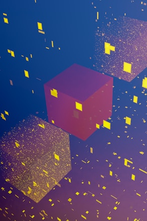 A red cube surrounded by yellow squares on a blue background