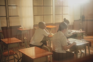 A group of people sitting at desks in a room