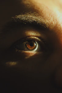 A close up of a person's eye with the sun shining on them