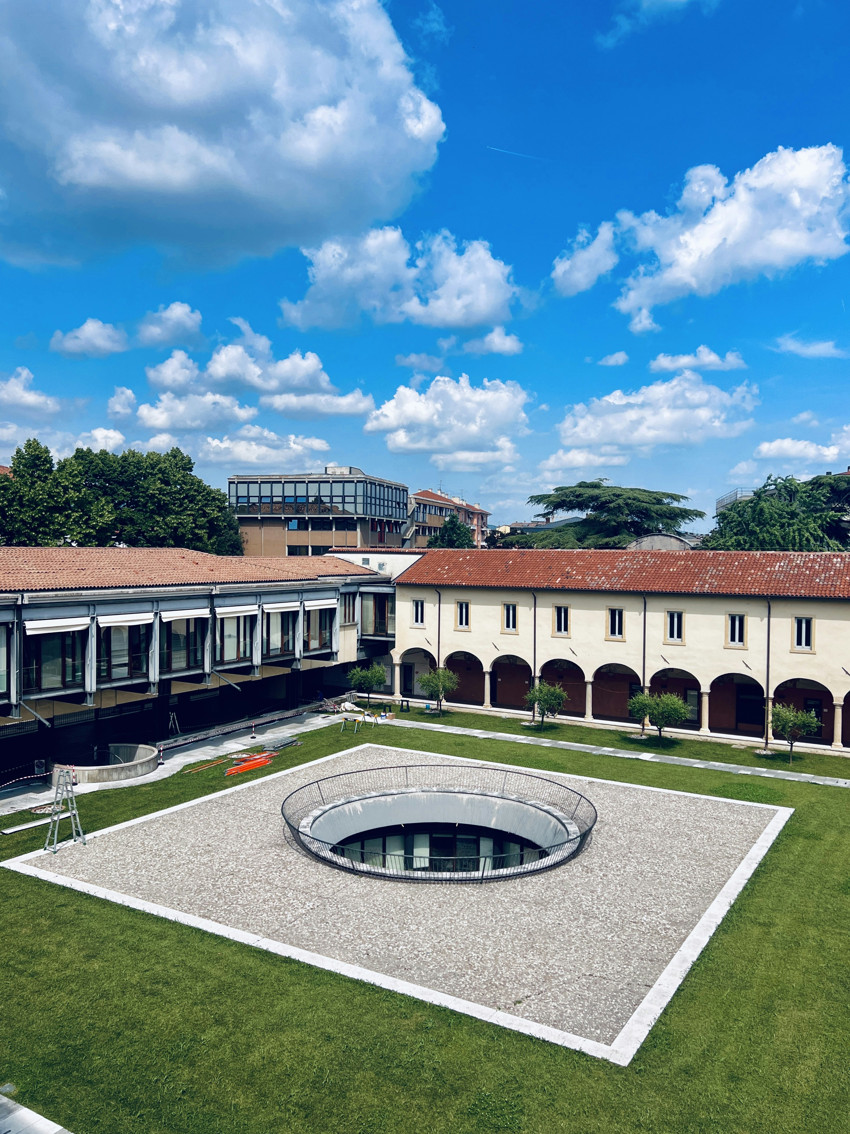 An aerial view of a building with a courtyard