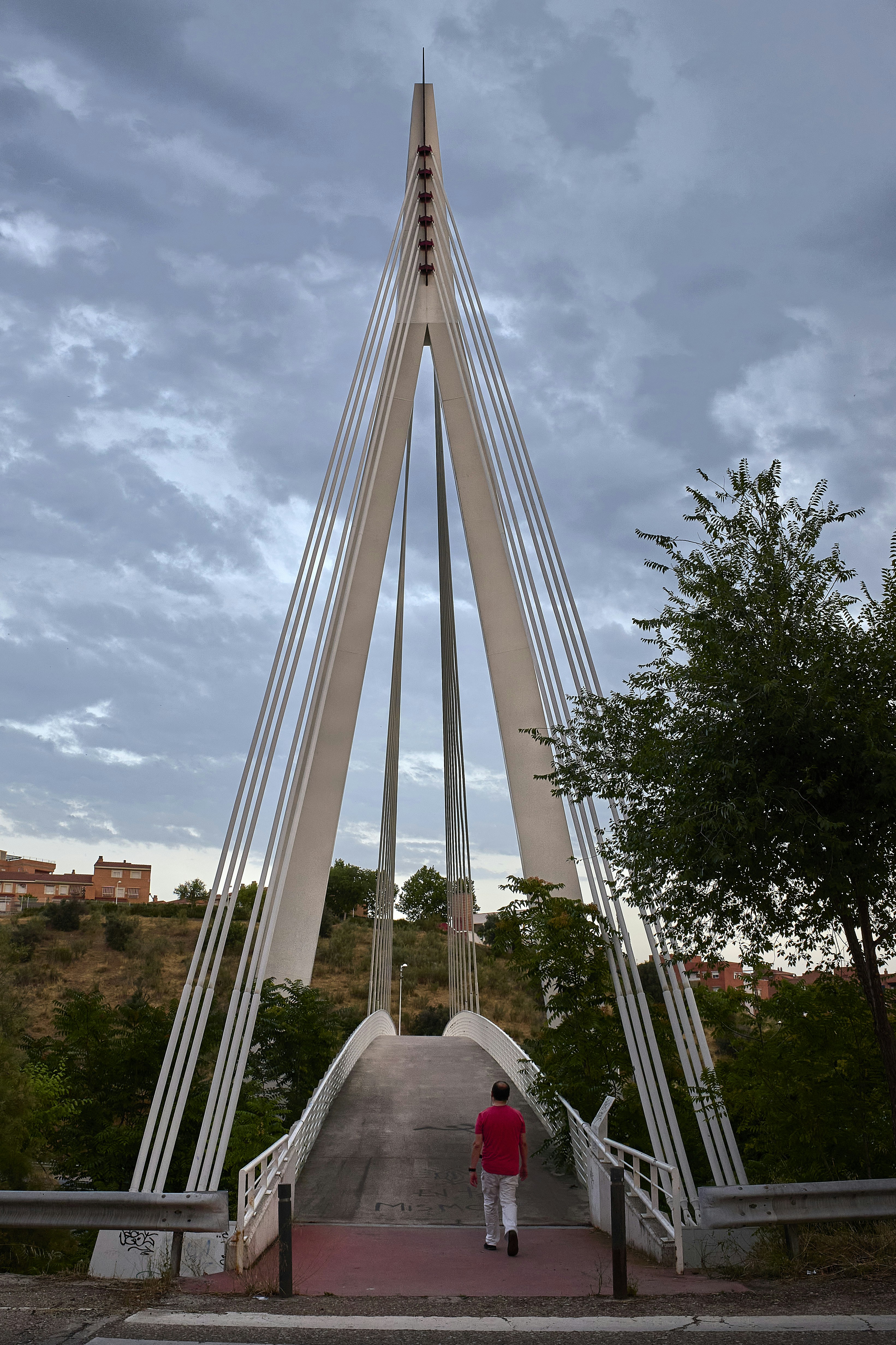 A man standing on a bridge with a sky background