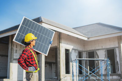 A man holding a solar panel in front of a house