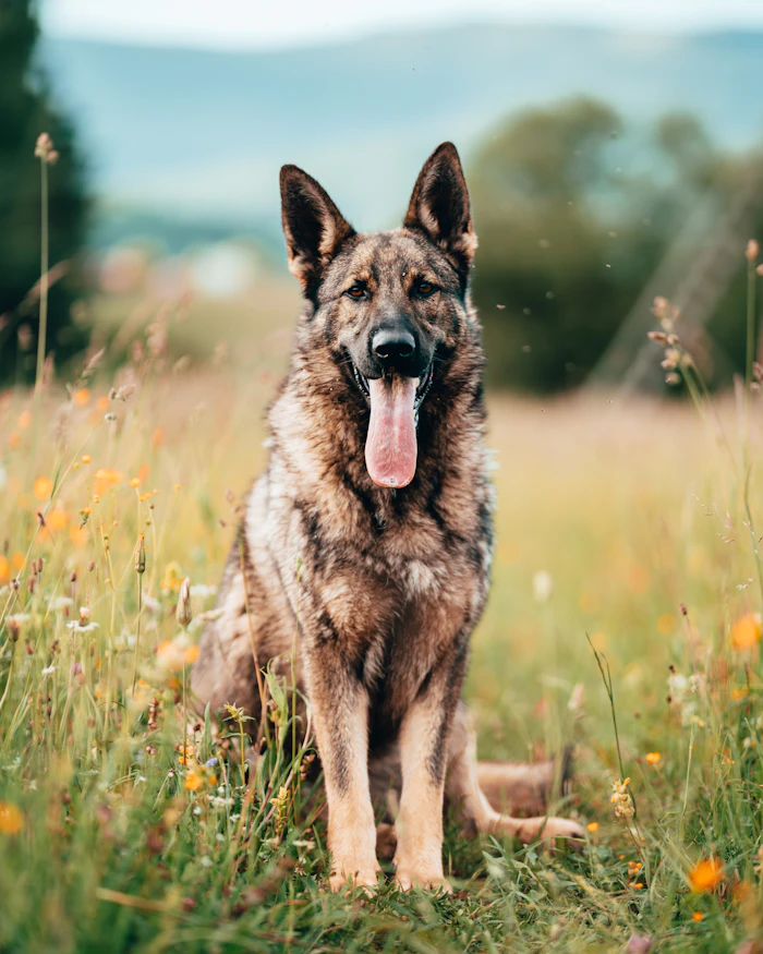 Shepherd sitting among flowers
