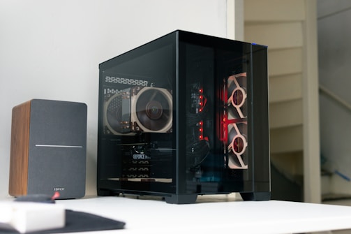 A desktop computer sitting on top of a white desk