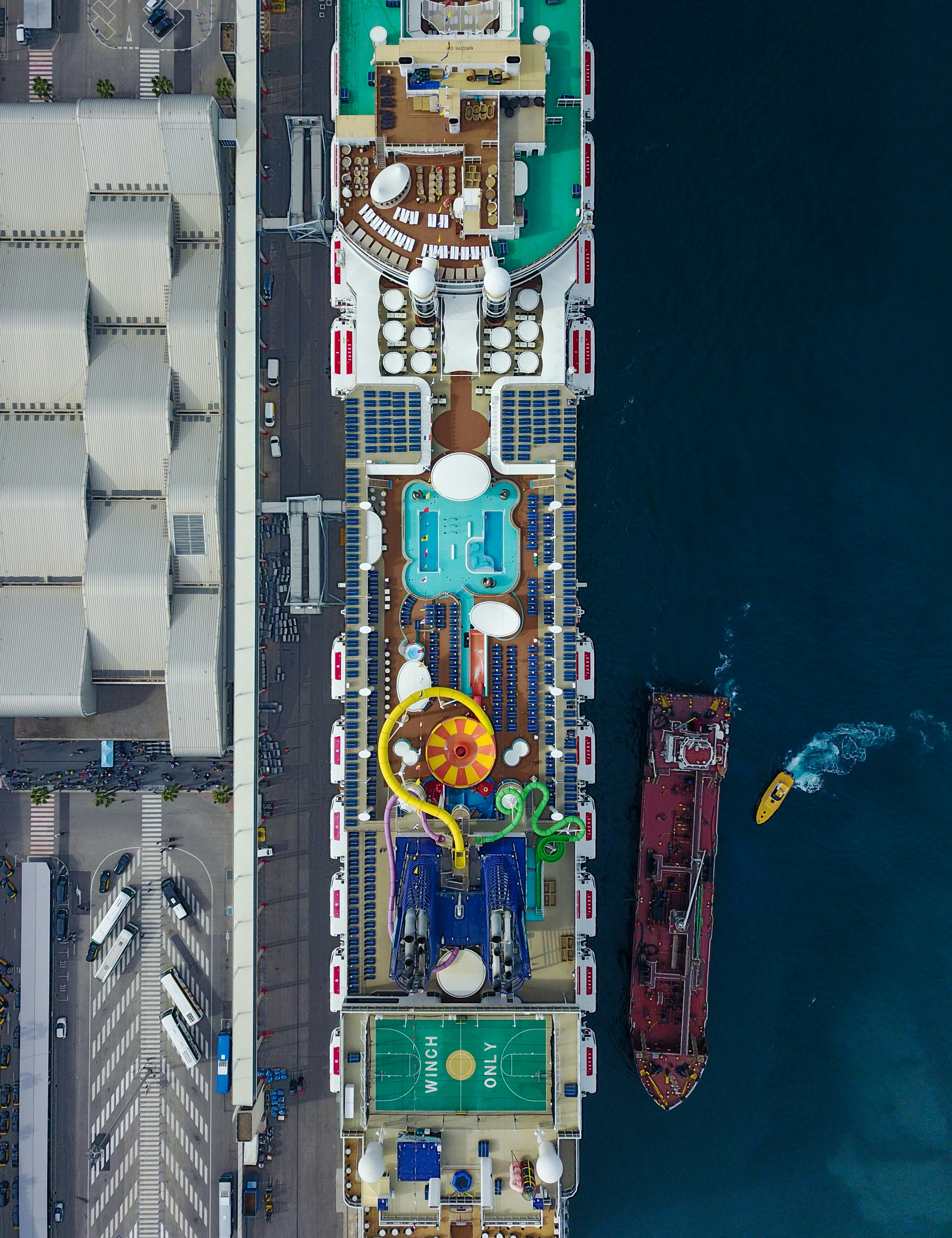 An aerial view of a cruise ship in the ocean